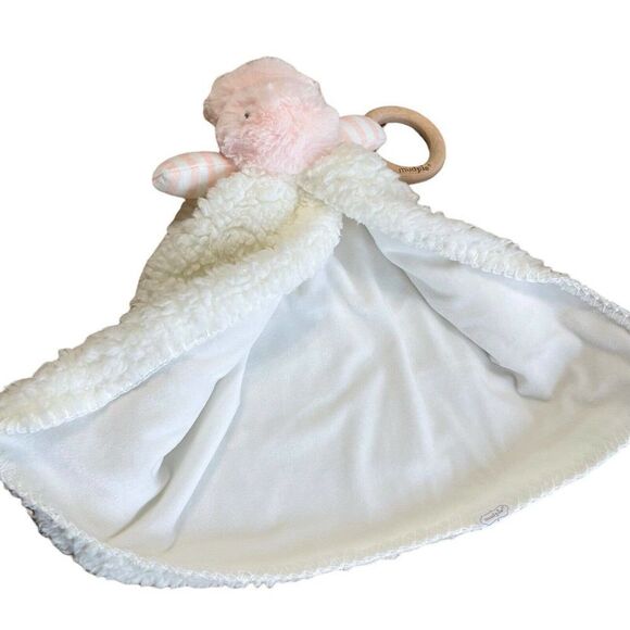 Mud Pie Lovey Pink Hippo Sherpa Wood Ring Baby Comfort Toy Blanket Cozy Plush - Picture 3 of 7